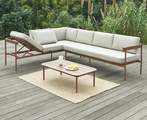 Conjunto de lazer de jardim modular em alumínio: 1 sofá de canto elevável + 1 mesa de centro terracota e almofadas bege - LASTON de MYLIA